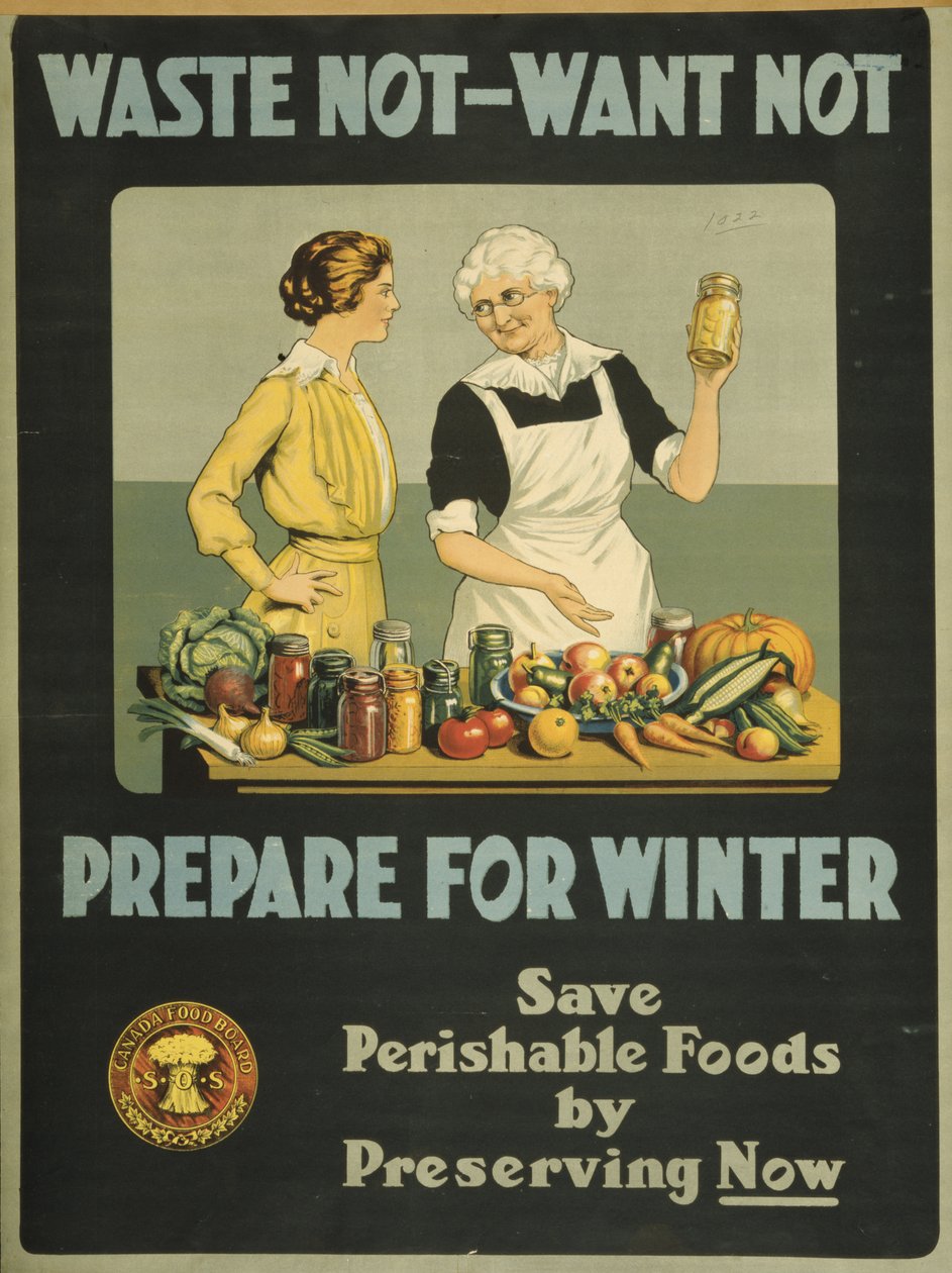 Não desperdiçar, não querer - preparar para o Inverno, Canada Food Board, c.1915 (cor litho) de Bartolome Esteban and studio Murillo