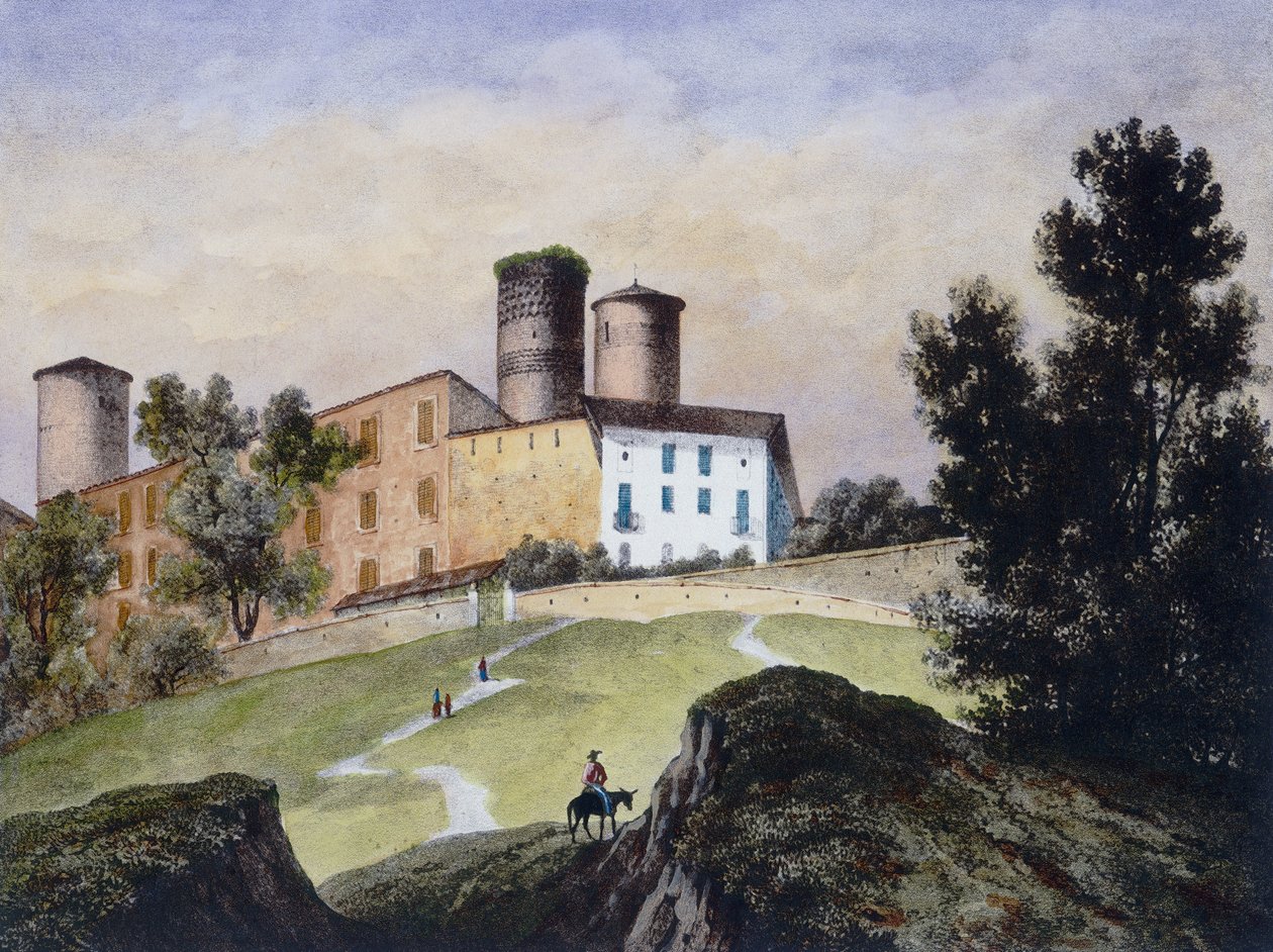 Estampa de aguarela de Francesco Gonin com o castelo de Castiglione Falletto onde é guardado de Unbekannt