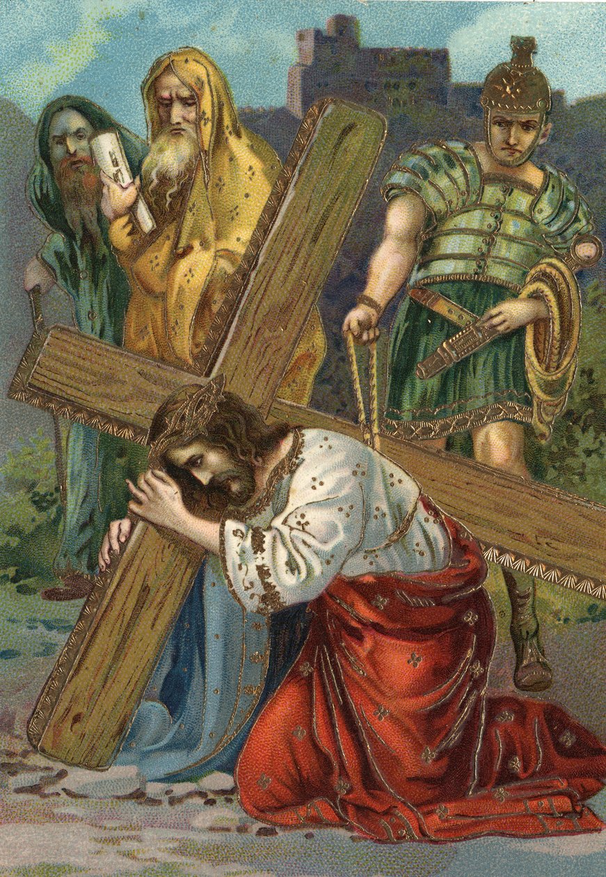 Via Sacra - via crucis - Estações da Cruz: Sétima estação, Jesus cai pela segunda vez Cromolitografia Coleção particular de William M. Timlin