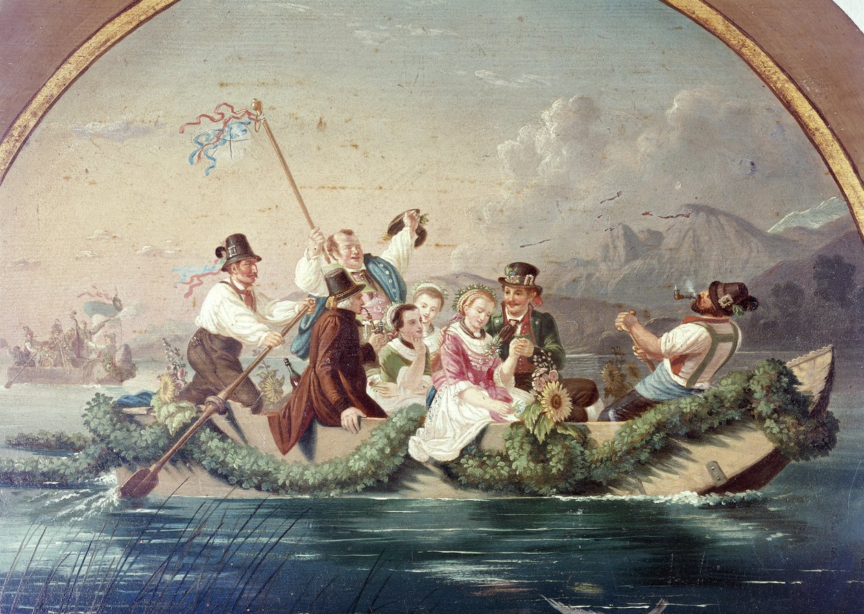 Cruzeiro de casamento no Lago Schliersee, atiradores desportivos alvo por A. Dirnberger, Feuerschuetzengesellschaft Miesbach, Alta Baviera, Alemanha, Europa de Unbekannt