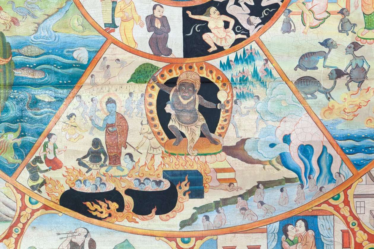 Roda da vida, detalhe, pintura de parede em wat Umong, Chiang Mai, Tailândia de Unbekannter Künstler