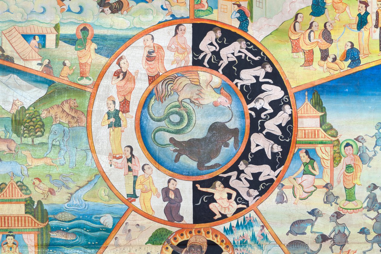 Roda da vida, detalhe, pintura de parede em wat Umong, Chiang Mai, Tailândia de Unbekannter Künstler
