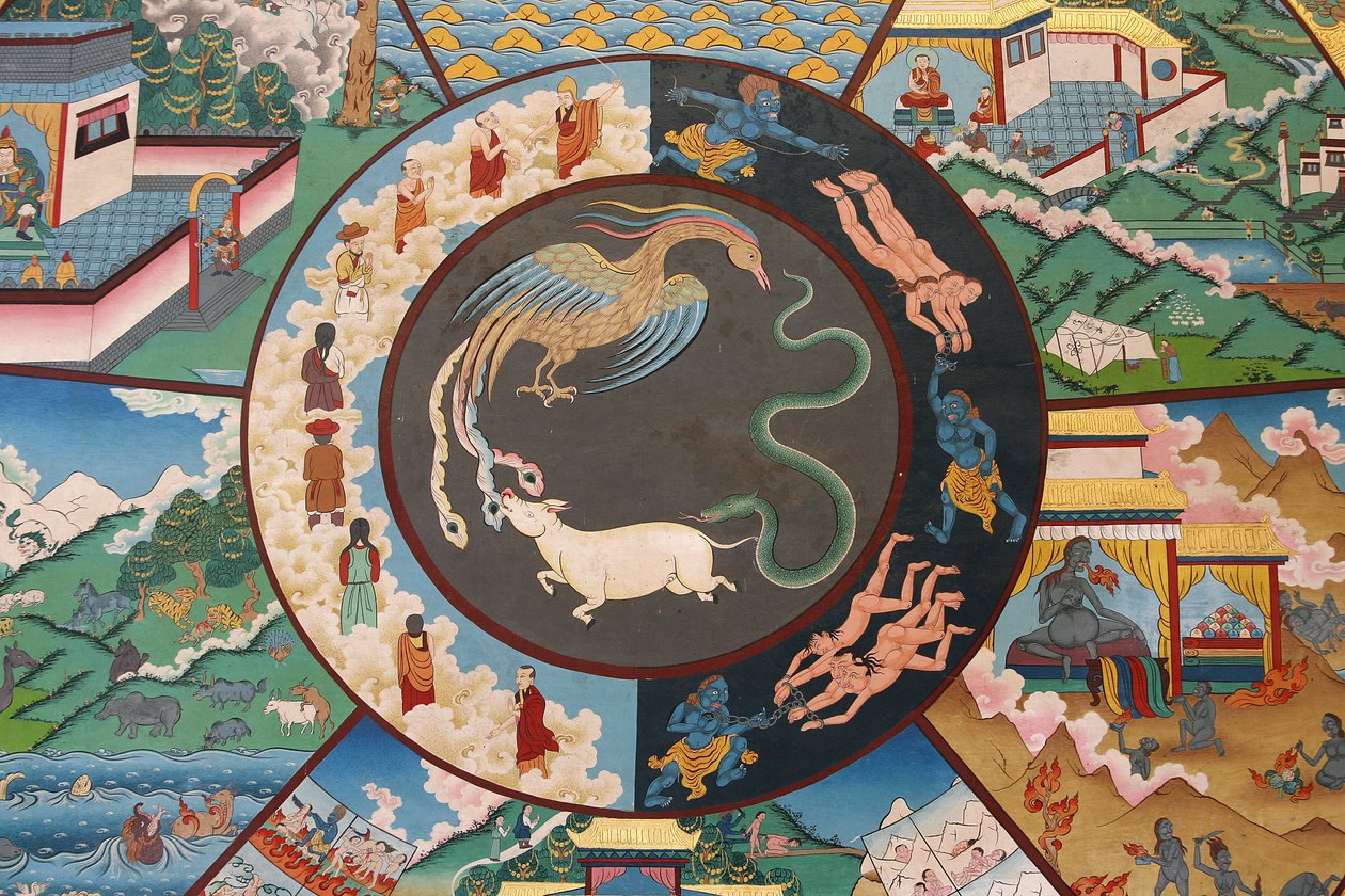 Roda da vida ou roda do Samsara (Mandala): galo, cobra e porco. Mosteiro de Kopan, Kathmandu, Nepal de Unbekannt