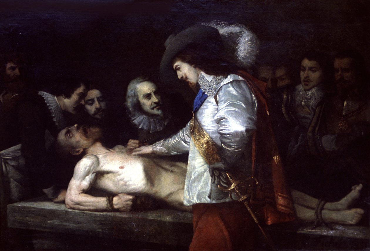 William Harvey (1578-1657) médico e fisiologista inglês, aqui mostrando a circulação sanguínea de Unbekannter Künstler