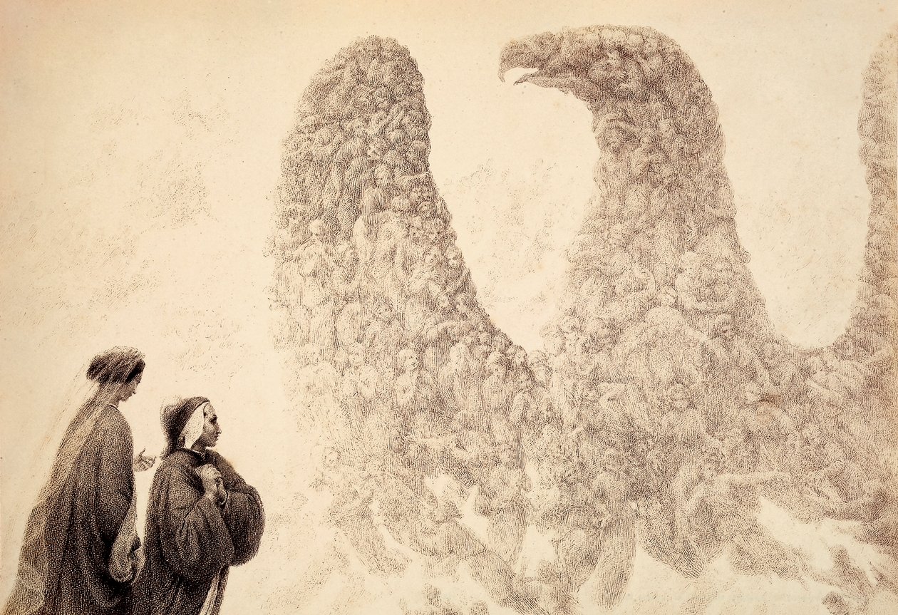 No interior da Esfera de Júpiter, Dante vê os espíritos bem-aventurados organizarem-se sob a forma de uma águia, símbolo do Império. Ilustração do Canto XVIII do Paradiso de A Divina Comédia de Dante Alighieri. Obra de Francesco Scaramuzza dedicada ao Impé de Unbekannter Künstler