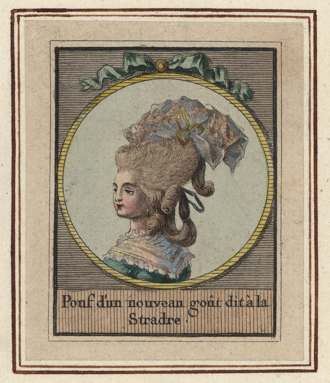 Mulher num novo estilo de pufe chamado Stradre. Puff com um novo gosto chamado Stradre. Gravura em chapa de cobre colorida à mão, de artista desconhecido, de um Álbum de Penteados da Moda de 1783, Suite des Coeffures a la Mode en 1783, Enauts et Rapilly, P de Unbekannter Künstler