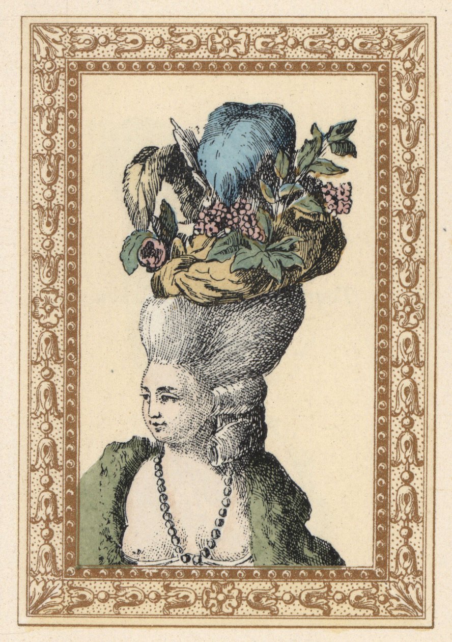 Mulher de cabelo penteado para cima com um chapéu decorado com uvas e penas, chamado Racy Cap, num parque inglês. Chapéu de galante no parque inglês. Litografia colorida à mão de Laubadere da obra Stylish Hairstyle or Eccentric Finery de Octave Uzane da ép de Unbekannter Künstler