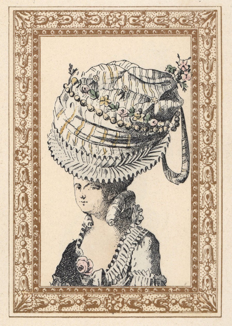 Mulher com um enorme chapéu chamado "Felicidade do Século". Litografia colorida à mão por de Laubadere de Octave Uzane de Stylish Hairstyle or Eccentric Finery from the era of King Louis XVI, Hairstyles de Style, La Parure Eccentric, Rouveyre, Paris de Unbekannter Künstler