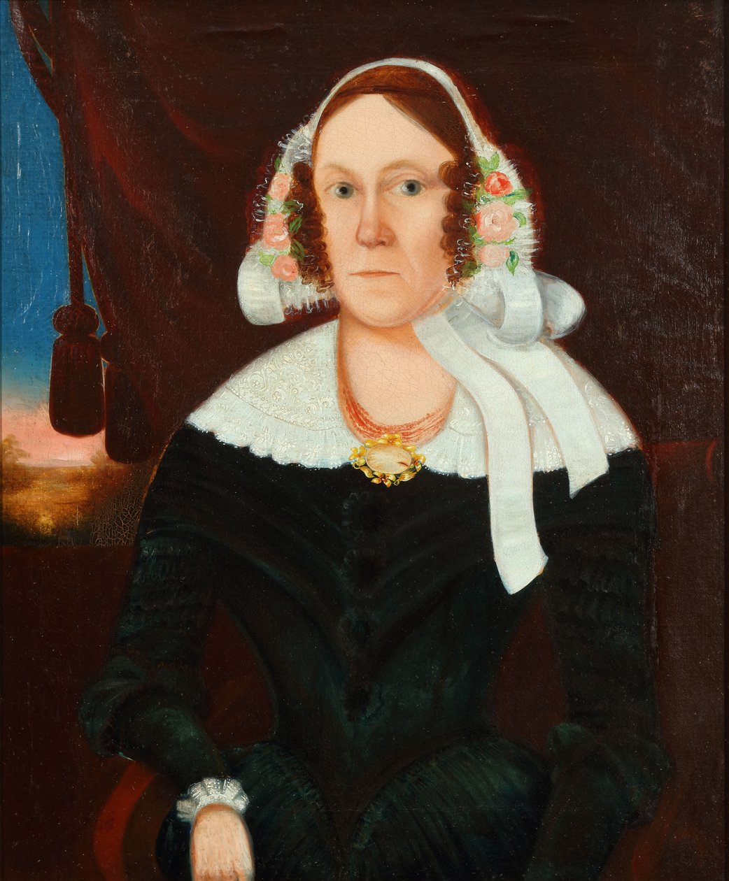 Mulher com touca de flores 1825 (óleo sobre tela) de Unbekannter Künstler