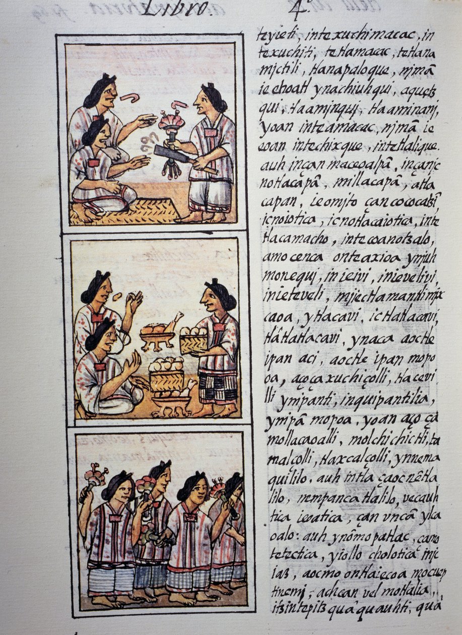 Mulheres preparando festa, Livro IV do Códice Florentino, Versão bilíngüe em espanhol e Nahuatl, História Geral das Coisas da Nova Espanha (Historia general de las cosas de Nueva Espana), civilização asteca de William M. Timlin