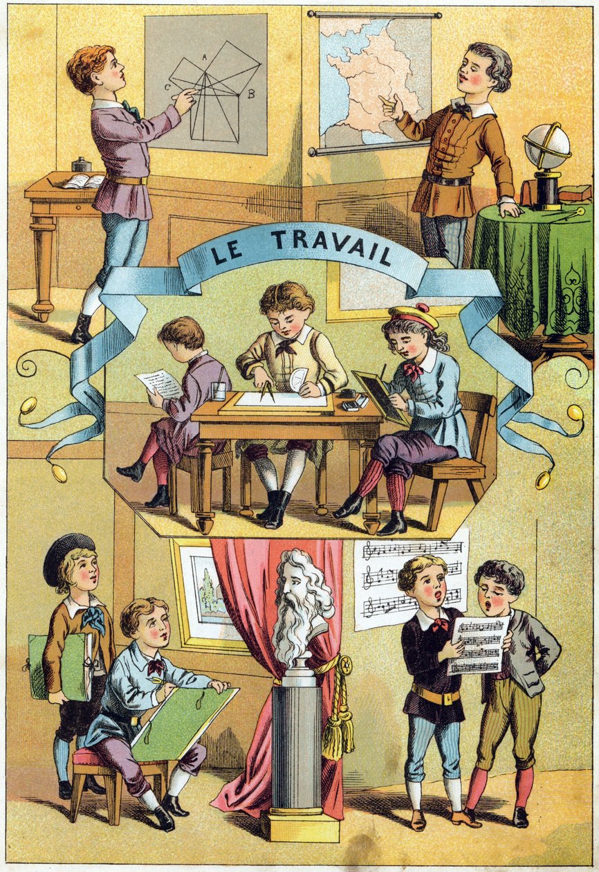 Trabalho na sala de aula. Gravura no "Alfabeto dos petits ecoliers". Imaging of Epinal, cerca de 1885. Coleção Privee de Unbekannt