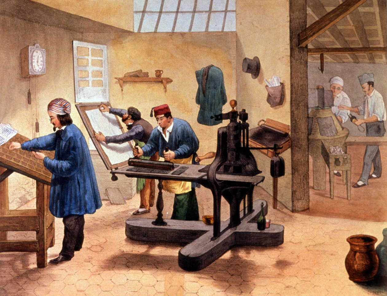 Oficina de um tipógrafo, finais do século XIX (ilustração) de Unbekannter Künstler