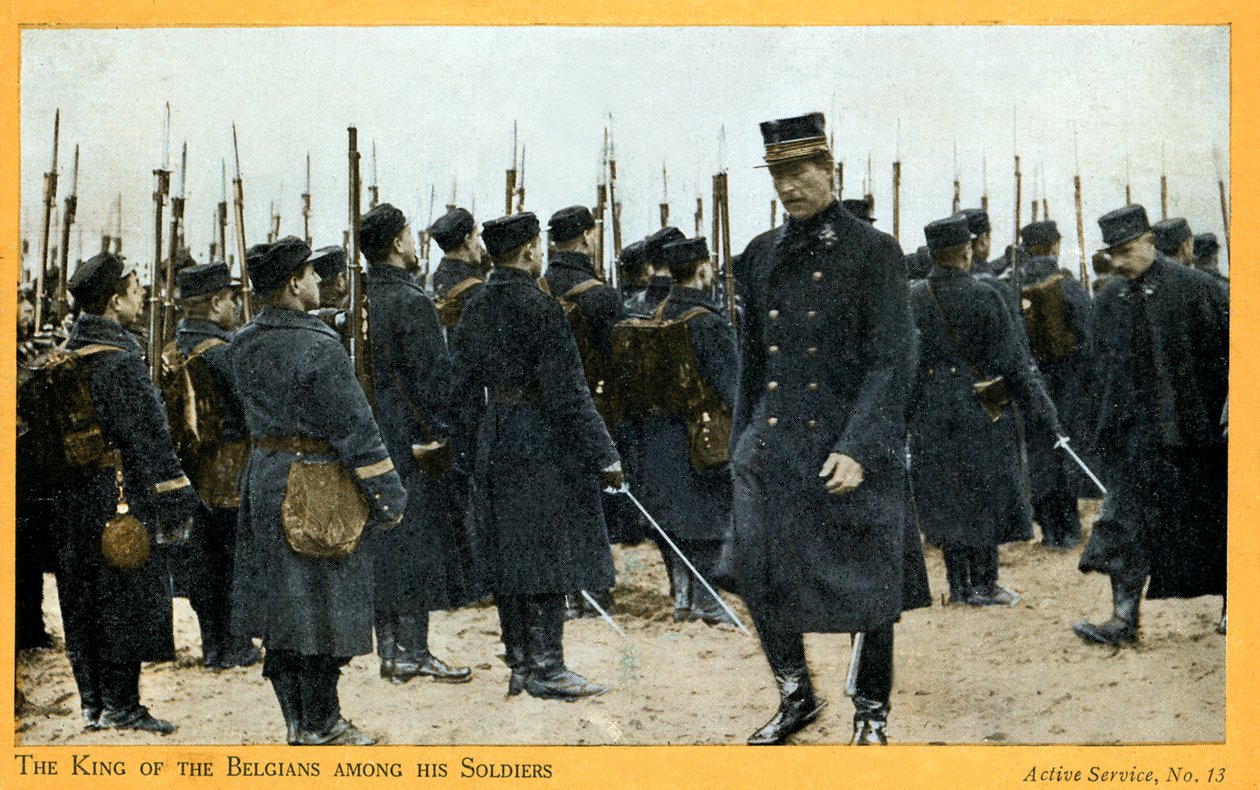 Primeira Guerra Mundial: Alberto I da Bélgica com as suas tropas (postal) de Unbekannter Künstler
