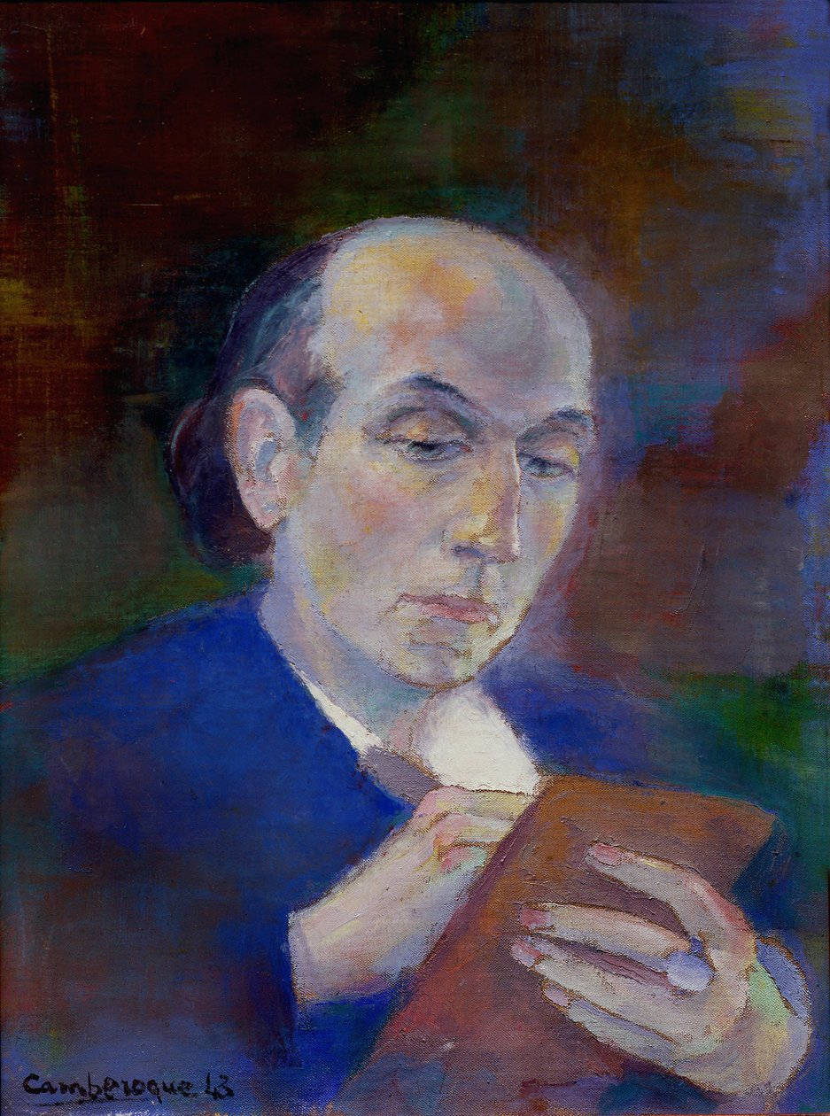 O escritor e poeta Joe Bousquet (1897-1950) no seu quarto em Carcassonne (Aude). O poeta é um escritor representativo, deitado na cama. Retrato de Jean Camberoque (1917-2001) de Unbekannter Künstler