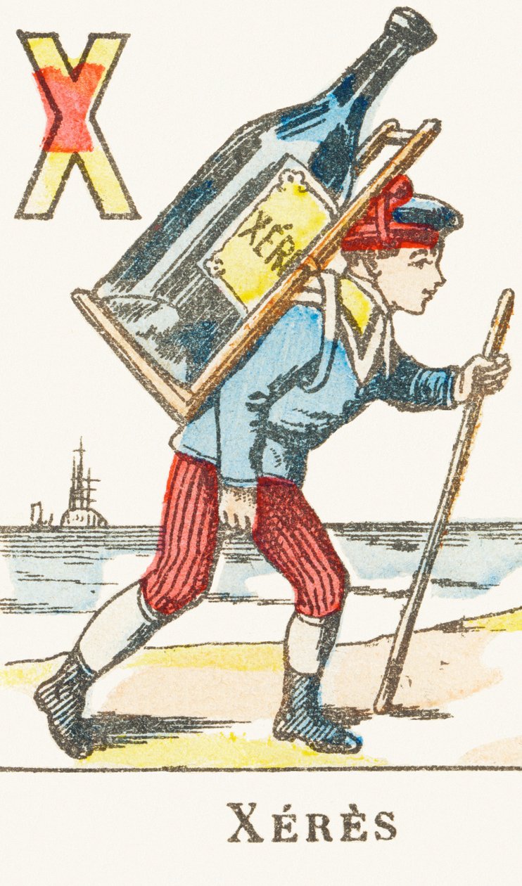 X : Xeres, um menino está segurando nas costas uma grande garrafa de vinho - Jogos Alfabeto, c.1890 (gravura) de Unbekannt