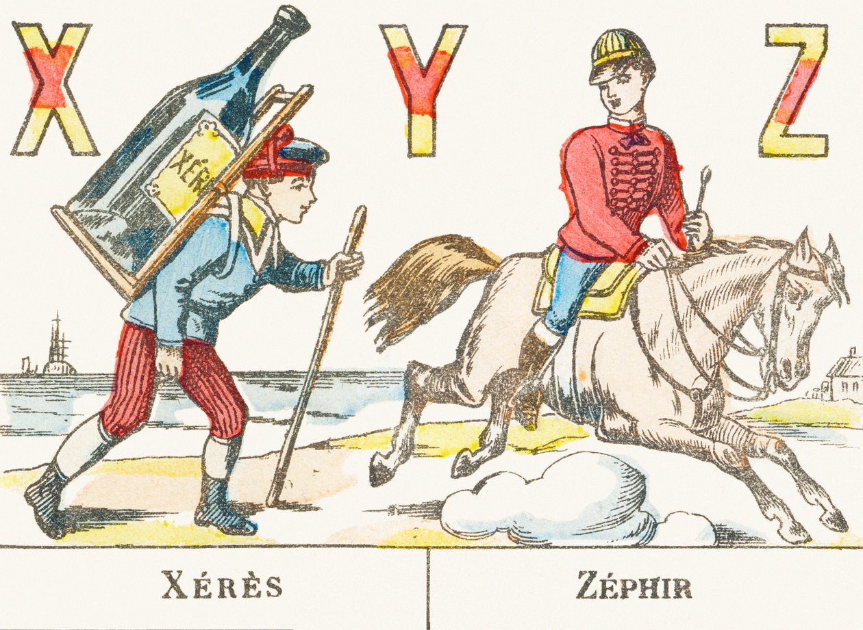 X Y Z : Xeres, Zephir - um rapaz está segurando nas costas uma grande garrafa de vinho e um cavaleiro está galopando em seu cavalo chamado Zephyr - Jogos Alfabeto, c.1890 (gravura) de Unbekannt