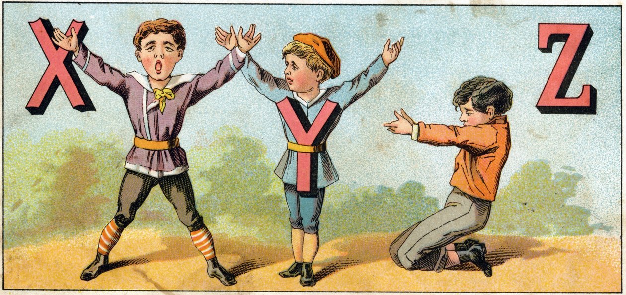 X Y e Z letras imitadas pela posição do corpo. Gravura no "Alfabeto dos petits ecoliers". Imagem de Epinal, cerca de 1885. Coleção Privee de Unbekannt
