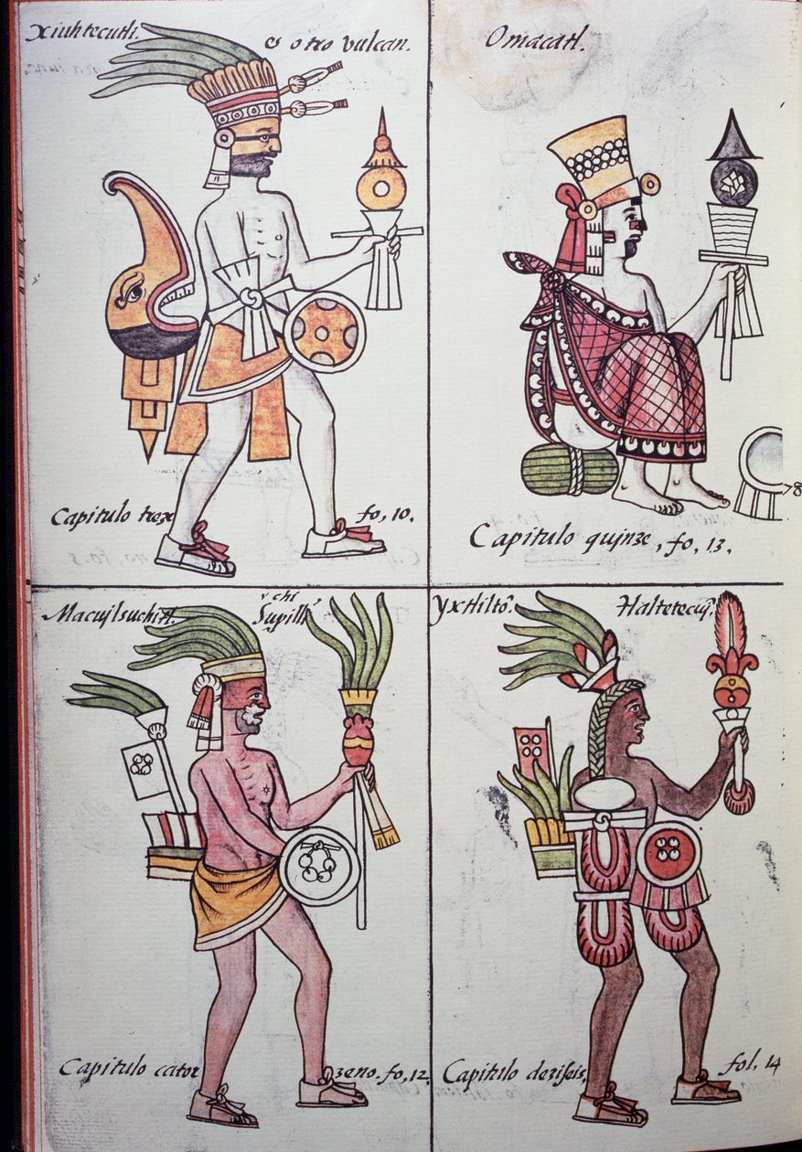 Xiuhtecuhtli, Omacatl, Macuilxochitl, Ixtlilton, Página do Códice Florentino, Versão em espanhol e Nahuatl, História Geral das Coisas da Nova Espanha (Historia general de las cosas de Nueva Espana), Asteca de Benjamin Baud