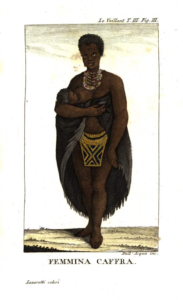 Jovem mulher San a amamentar uma criança, África do Sul. Usa uma capa, colares e uma saia com contas. De François Le Vaillant (Levaillant de Unbekannter Künstler