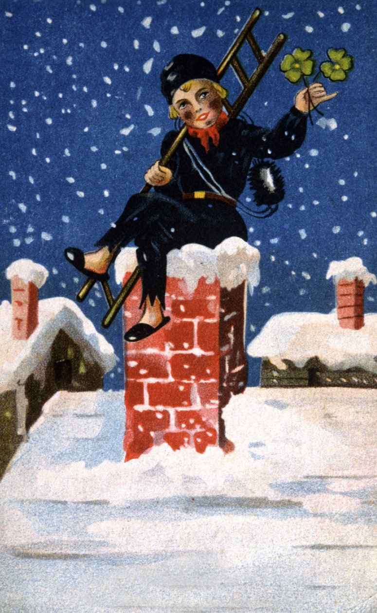 Jovem limpador de chaminés com trevo para dar sorte, c. 1920 (ilustração) de Unbekannter Künstler