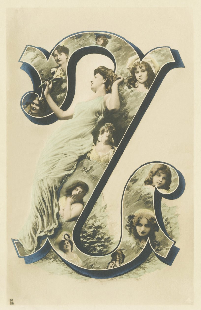 Z: foto-retrato de mulher em um longo drapeado azul, vários bustos de mulheres na letra - Alfabeto retratos de mulheres. A. L. editor de Unbekannt