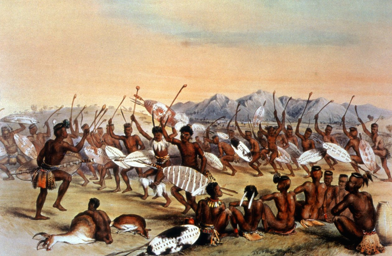 Dança de caça Zulu, c.1848-1849 (gravura) de Unbekannter Künstler