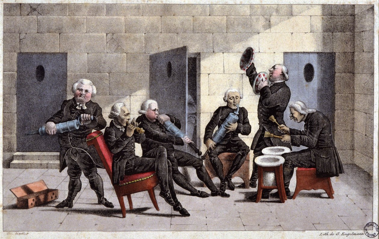 amadores tocando uma courante, caricatura francesa contra os médicos (segurando seringas e vasos como instrumentos musicais) e o purgante no século XVIII, gravura de Elgelmann, c. 1830 de Unbekannter Künstler