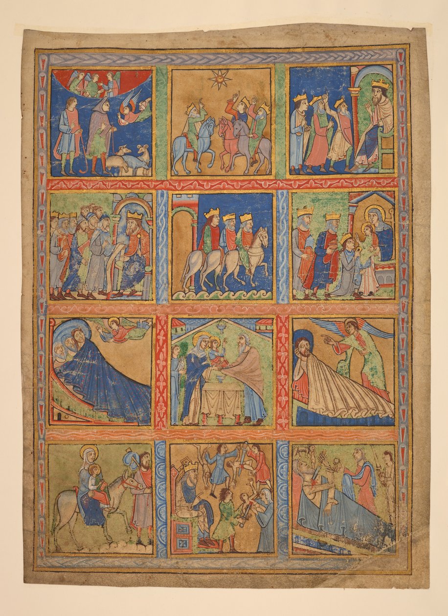 f. 1: Uma série de 24 miniaturas da Vida de Cristo; Sete recortes de manuscritos iluminados. Século XII-XV Sete recortes de manuscritos iluminados. século 12-15 século de Unbekannter Künstler