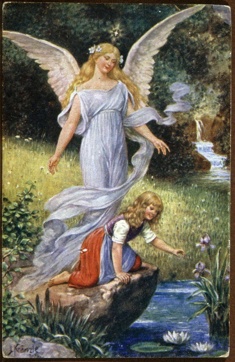 anjo da guarda a olhar por uma criança, c. 1910 (postal) de Unbekannter Künstler