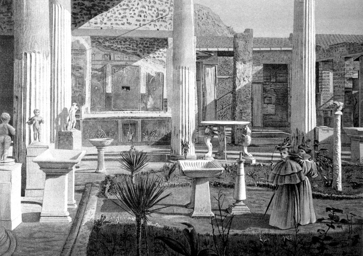 turistas a visitar as ruínas de Pompeia no início do século XX (desenho) de Unbekannter Künstler