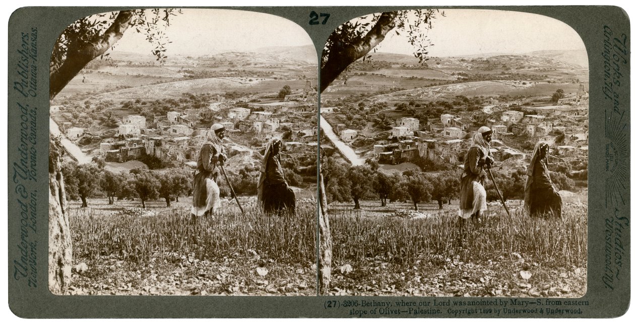 Betânia, vista da encosta oriental do Monte das Oliveiras, Palestina, 1899. de Underwood and Underwood