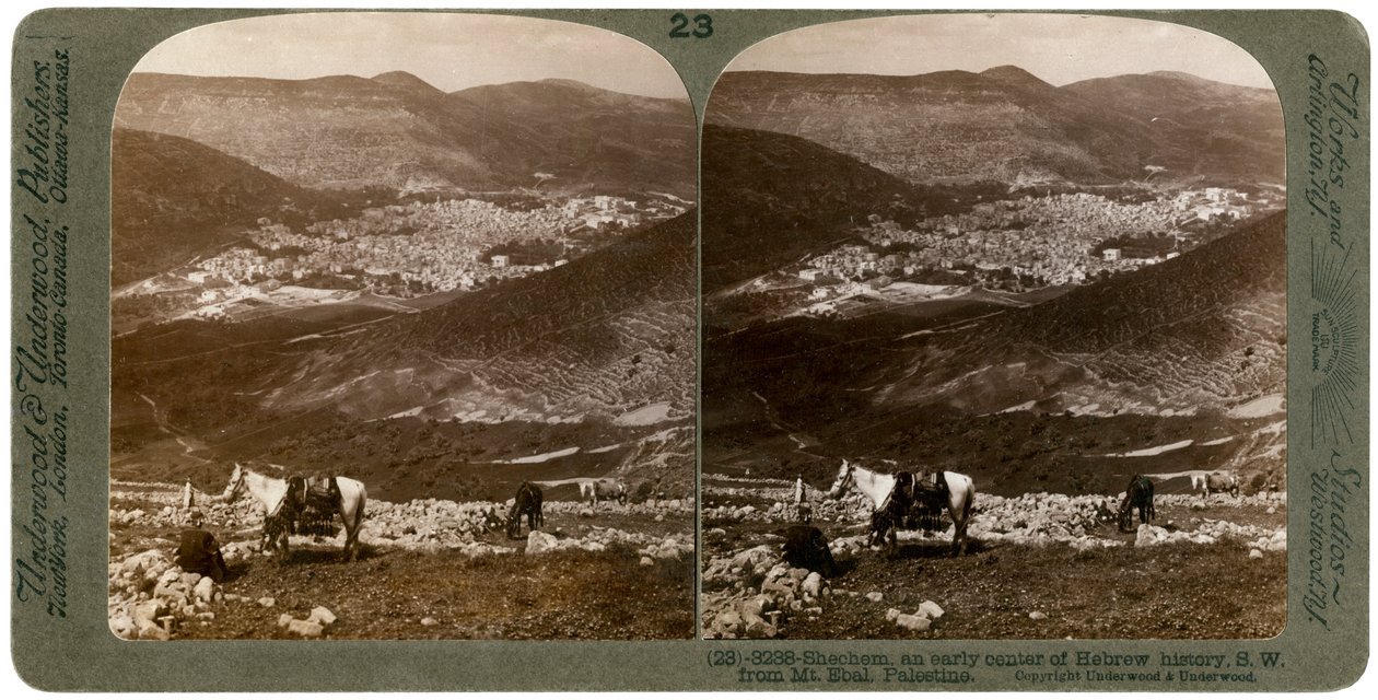 Shechem, a sudoeste do Monte Ebal, Palestina, em 1900. de Underwood and Underwood