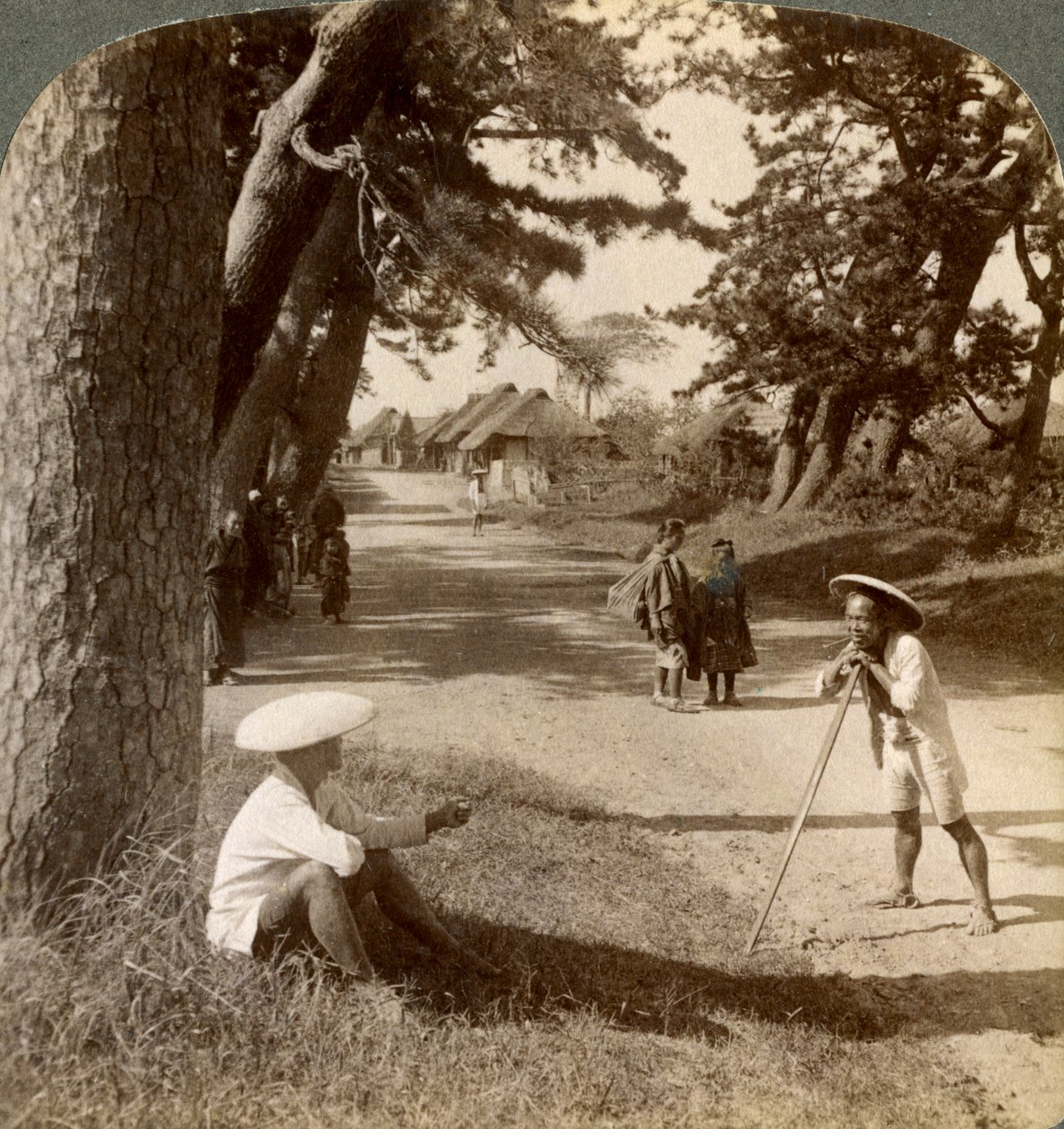 Viajantes descansando sob os pinheiros em Suzukawa, antiga estrada de Tóquio a Kyoto, Japão, 1904. de Underwood and Underwood