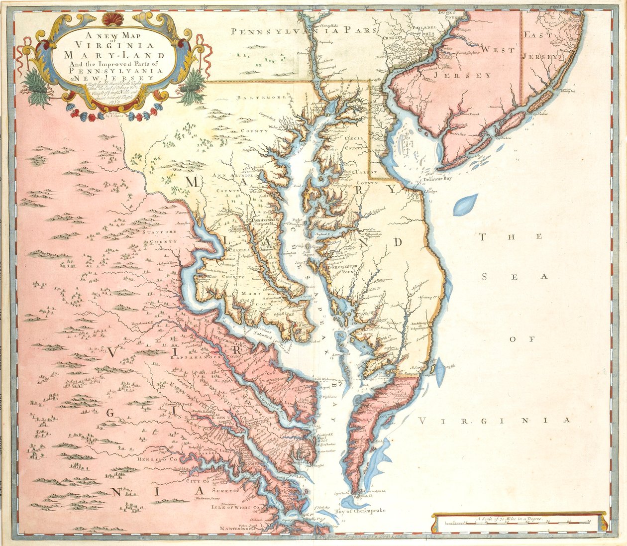 Um novo mapa da Virgínia e de Maryland e das partes melhoradas da Pensilvânia e de Nova Jersey de Unidentified