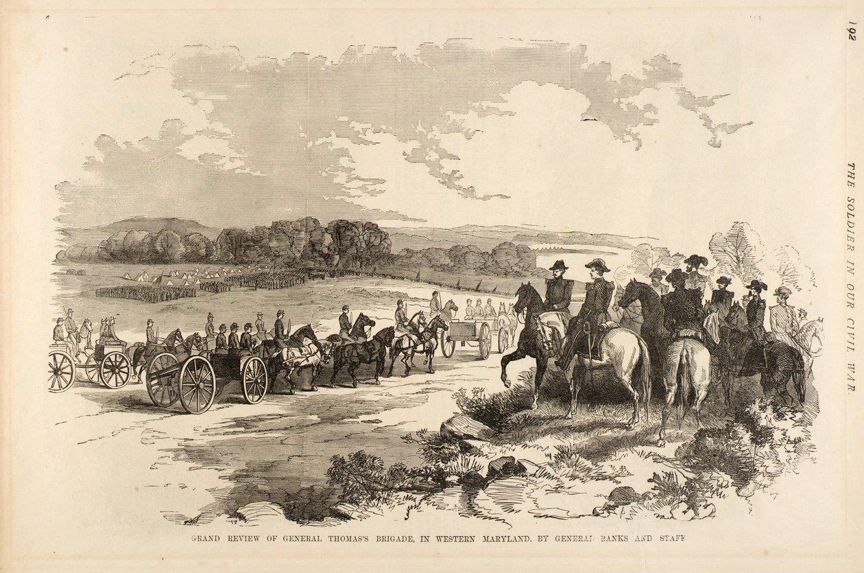 Grande revista da brigada do general Thomas, no oeste de Maryland, pelo general Banks e seu estado-maior, de "The Soldier in Our Civil War" de Unidentified