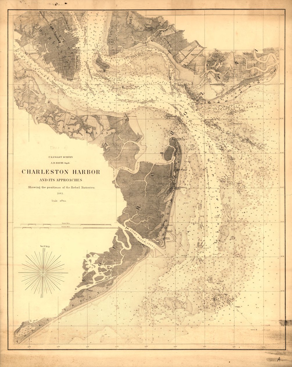 O porto de Charleston e os seus acessos mostrando as posições das baterias rebeldes. LOC 99448822 de United States Coast Survey