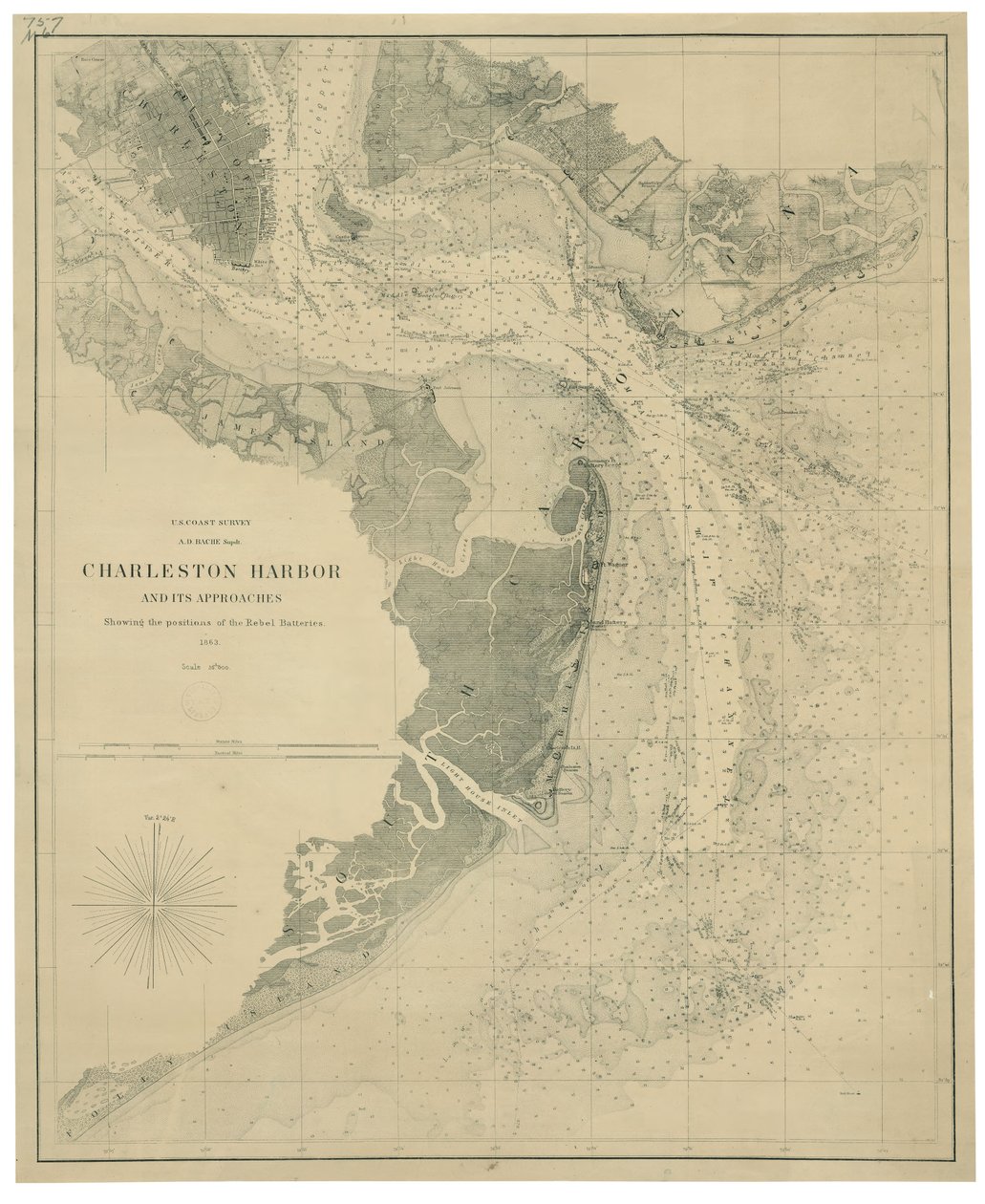 Porto de Charleston e seus acessos mostrando as posições das baterias rebeldes LOC lva0000206 de United States Coast Survey