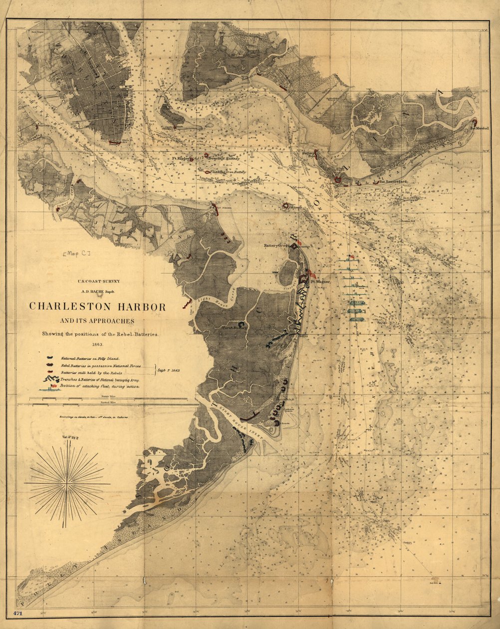 O porto de Charleston e os seus acessos mostrando as posições das baterias rebeldes. LOC 99448827 de United States Coast Survey