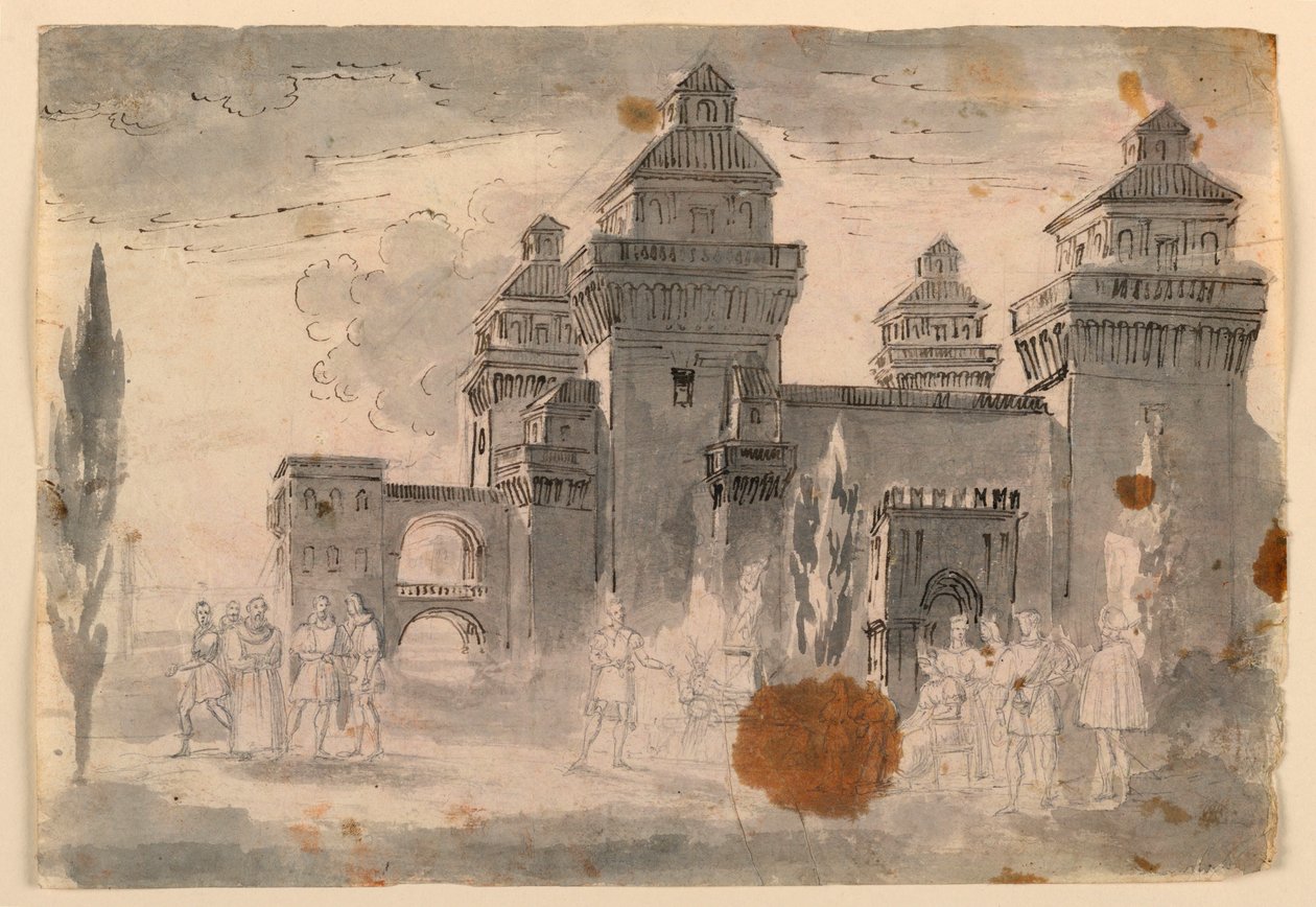 Desenho, cenografia, vista do castelo de Unknown