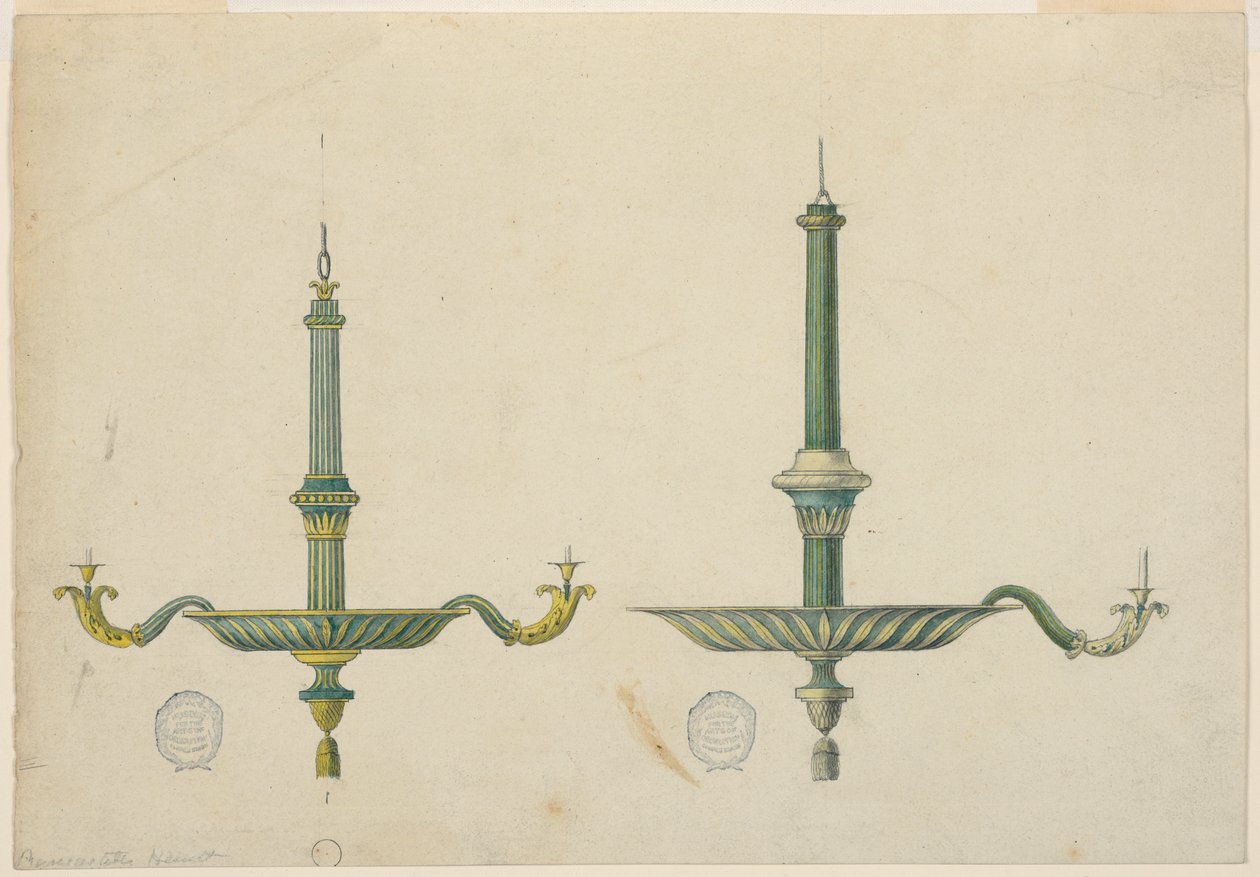 Desenho, duas elevações para um lustre de Unknown