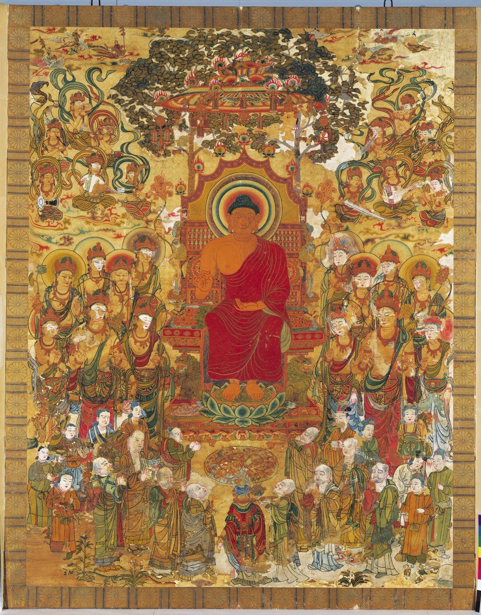 Bordado ilustrando a pregação de Sakyamuni de Unknown