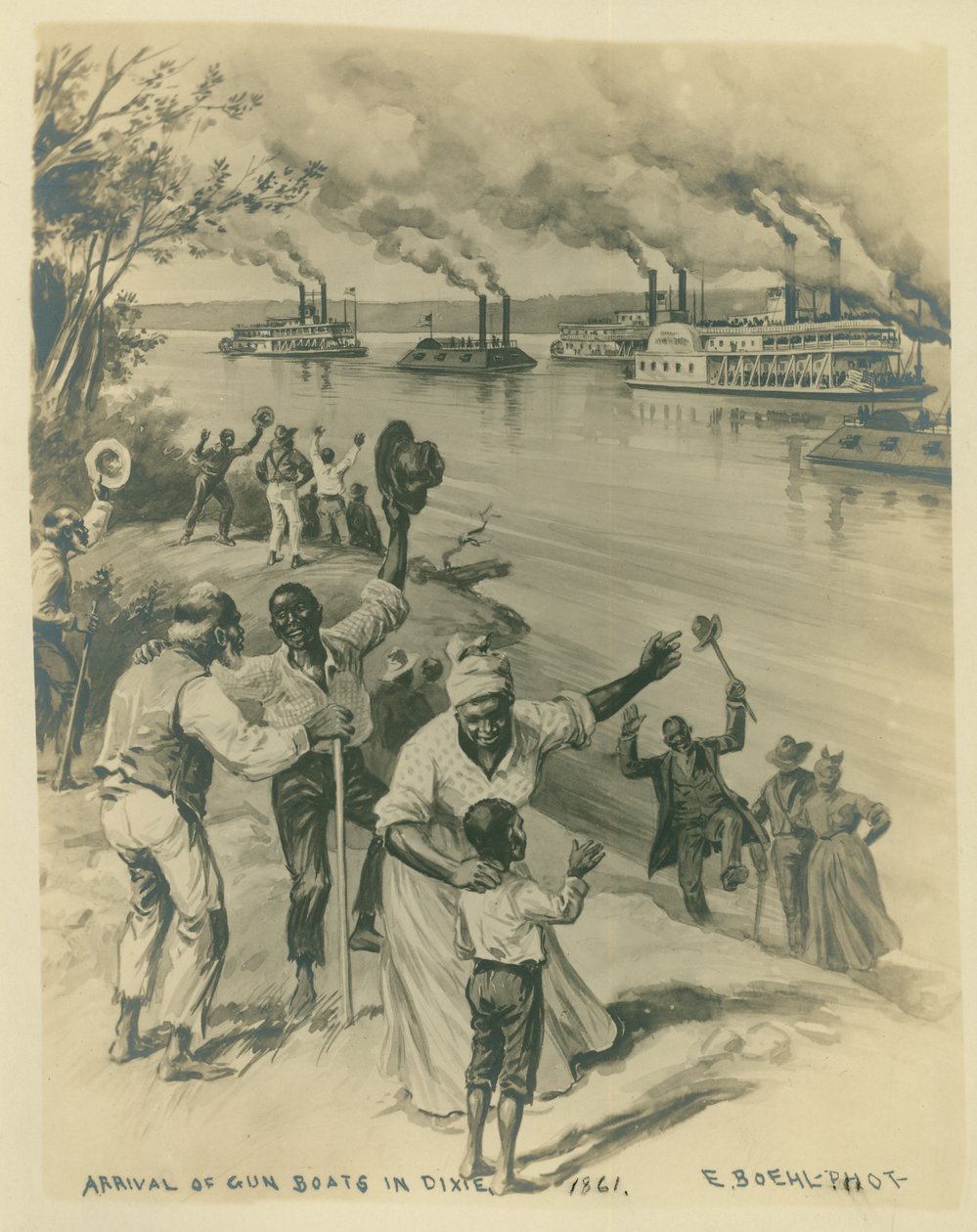 Imagem de pessoas (principalmente afro-americanos) celebrando na margem de um rio, onde uma frota de canhoneiras está viajando. de Unknown