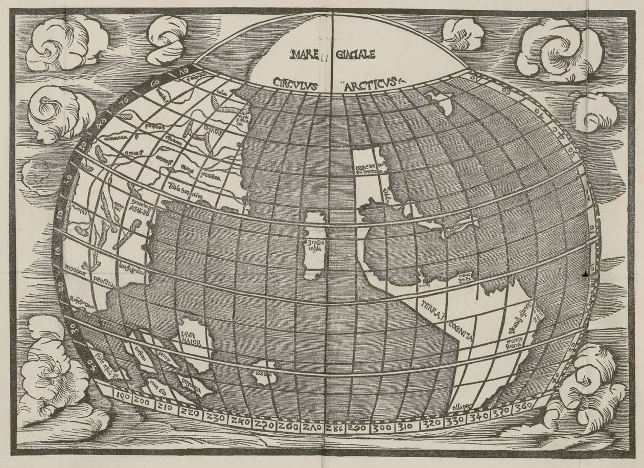 Mapa da América do Norte e do Sul mostrando a conexão dos dois continentes por um istmo. Publicado em Introductio in Ptholomei Cosmographiam (Introdução à Cosmografia de Ptolomeu) por Jan de Stobnica, 1512 de Unknown