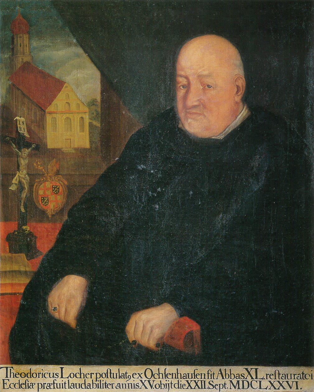 o 40º abade, Theodoric Locher, ao fundo a igreja do mosteiro de St. George Isny de Unknown