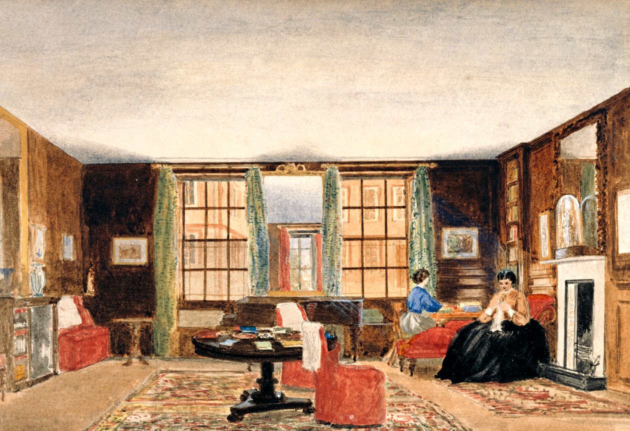 Uma sala de estar com duas mulheres sentadas, c.1850 de Unbekannt Unbekannt