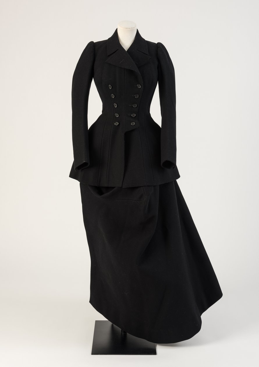 Costume de lã preto costurado, com jaqueta de hábito e saia de sela lateral, 1890 (lã) de Unbekannt Unbekannt