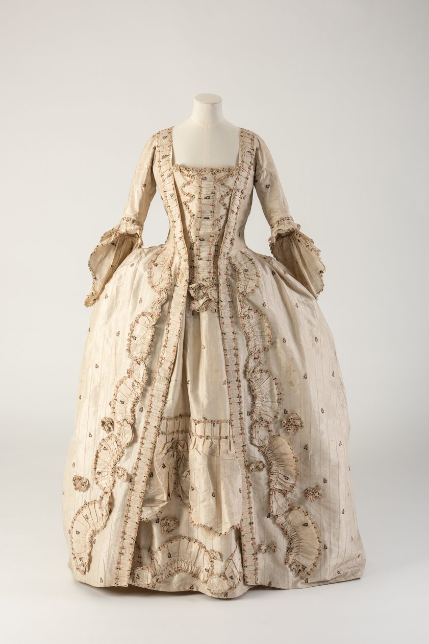 Creme listrado e figurado tecido robe de seda à francesa, de 1770 (seda) de Unbekannt Unbekannt