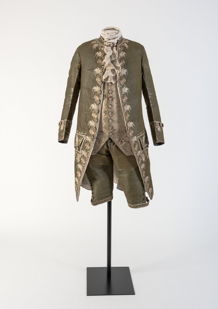 Equipa casaco de seda bordado verde e calções, usado na corte, 1770s (seda) de Unbekannt Unbekannt