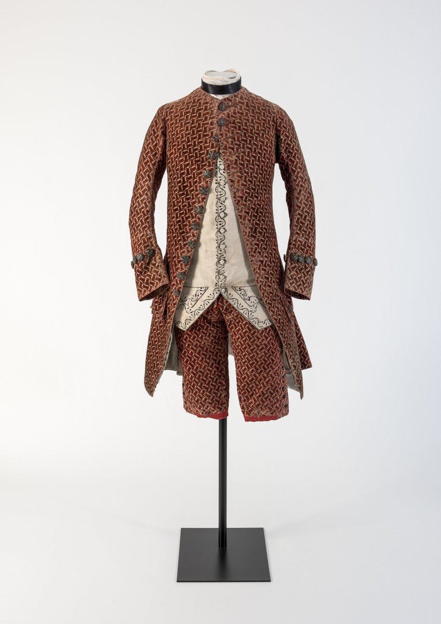 Equipa casaco de veludo vermelho e calções, 1750 (veludo) de Unbekannt Unbekannt