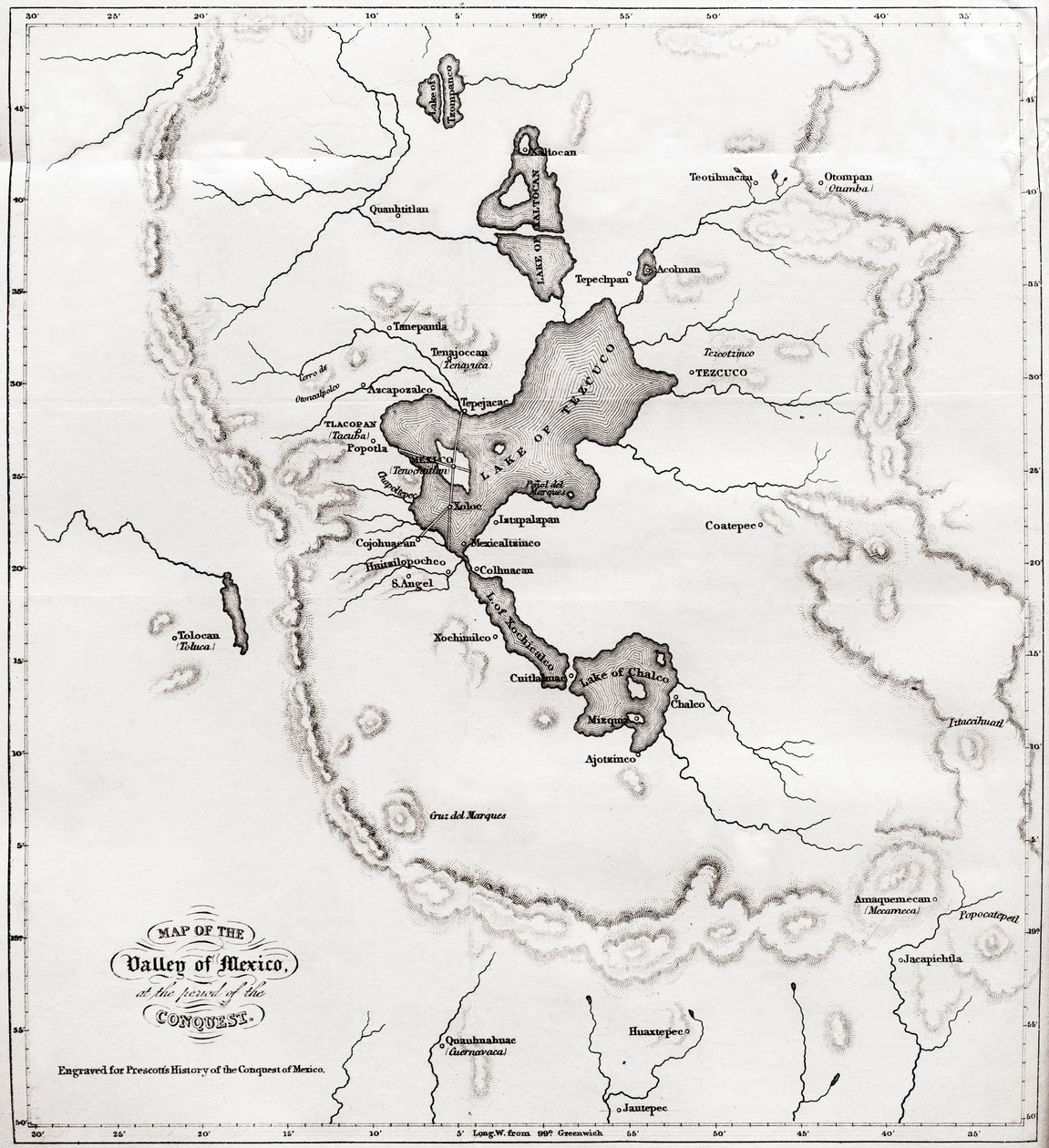 Mapa do Vale do México no momento da conquista, da História da Conquista do México, publicado em 1850 de Unbekannt Unbekannt